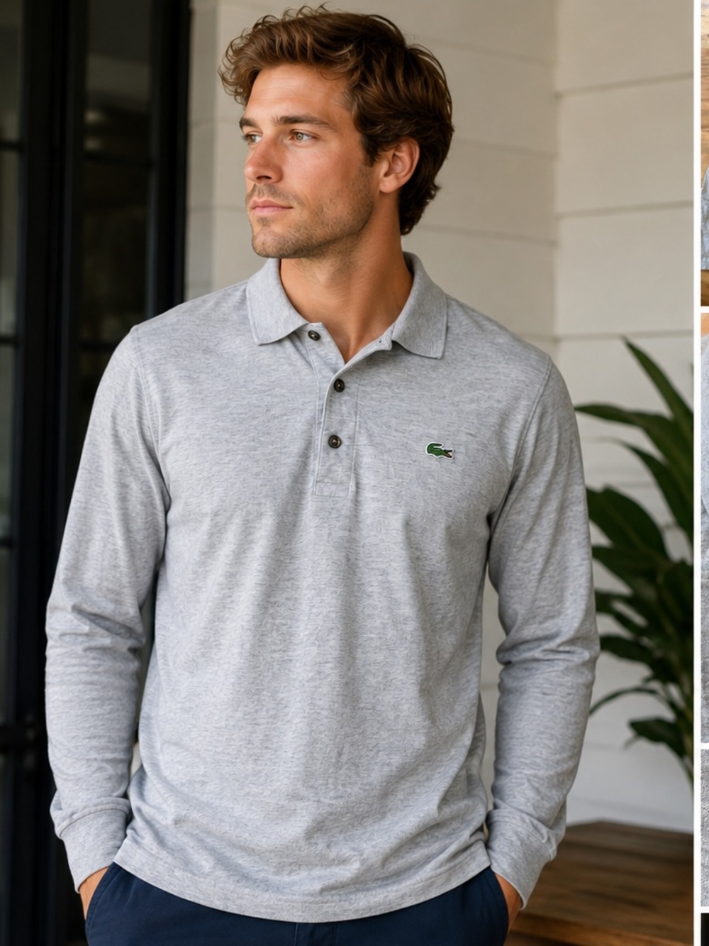 Lacoste Men’s Long Sleeve Polo Shirt Gray Cotton Crocodile Logo Size 4 Medium